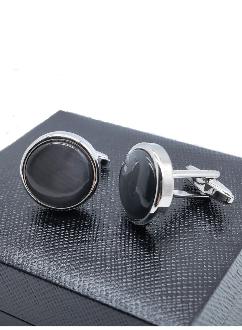 DB Innov. Cufflinks, Grey Opal Silver Frame Round Cufflinks, 2 PCS for One Set Premium Copper Jewelry Specially Design for Men's Shirt Wedding Business Gift with Delicate Package Box. - Image 5